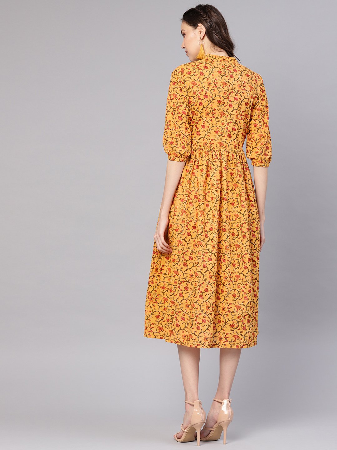 Women's Mustard Yellow & Red Printed A-Line Dress - Nayo Clothing