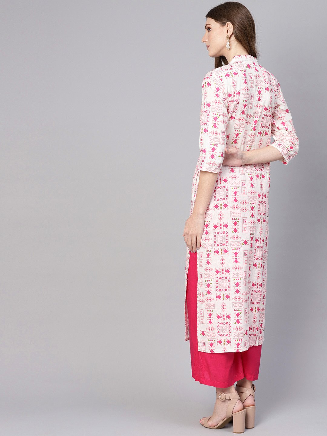 Women's White & Pink Printed Straight Kurta - Nayo Clothing
