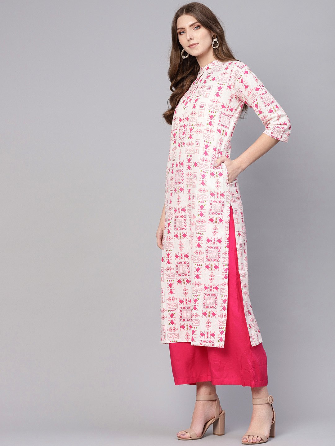 Women's White & Pink Printed Straight Kurta - Nayo Clothing