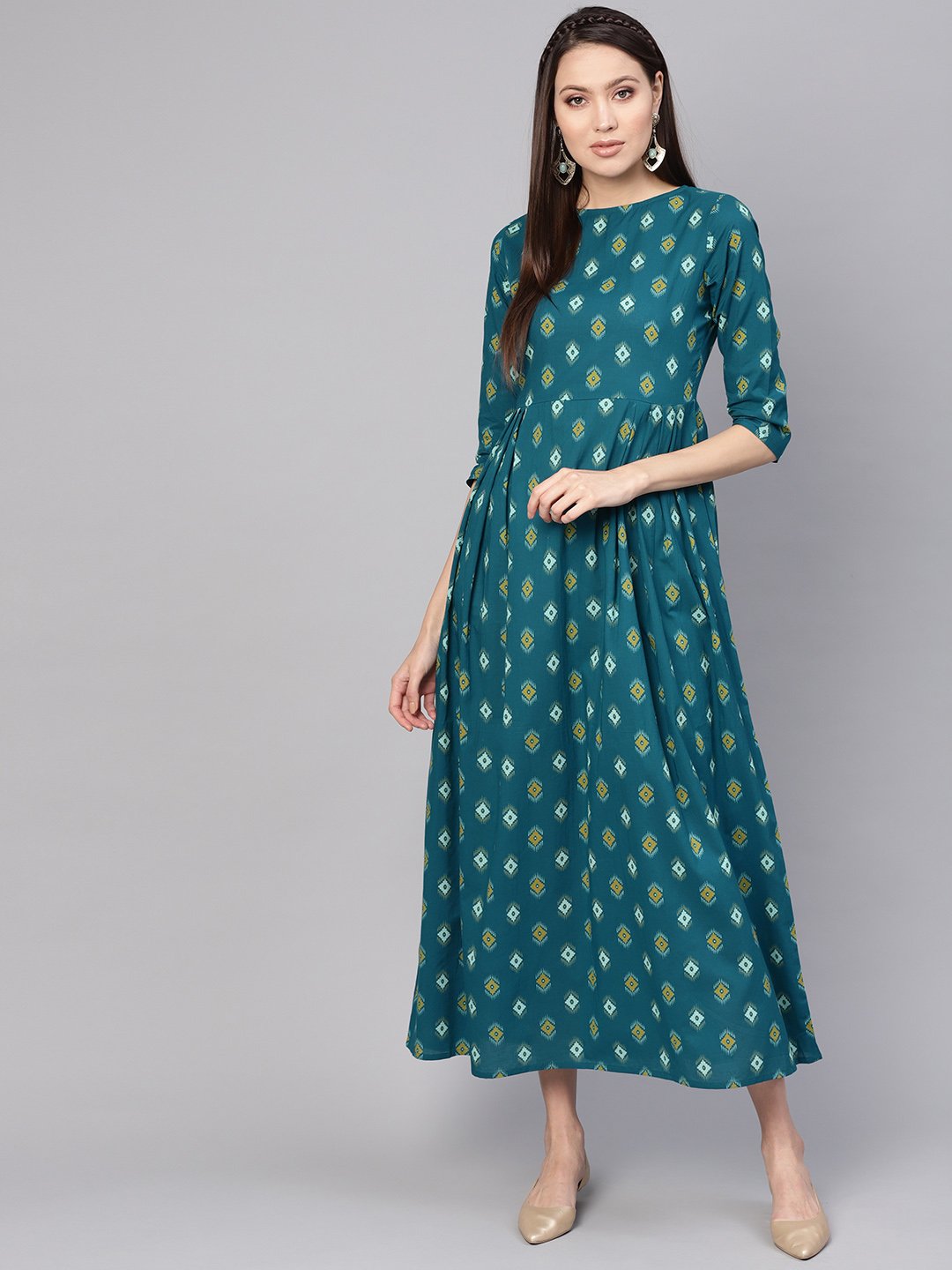 Women's Teal Blue & Yellow Printed Maxi Dress - Nayo Clothing