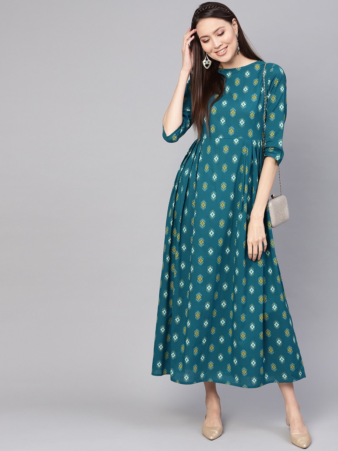 Women's Teal Blue & Yellow Printed Maxi Dress - Nayo Clothing
