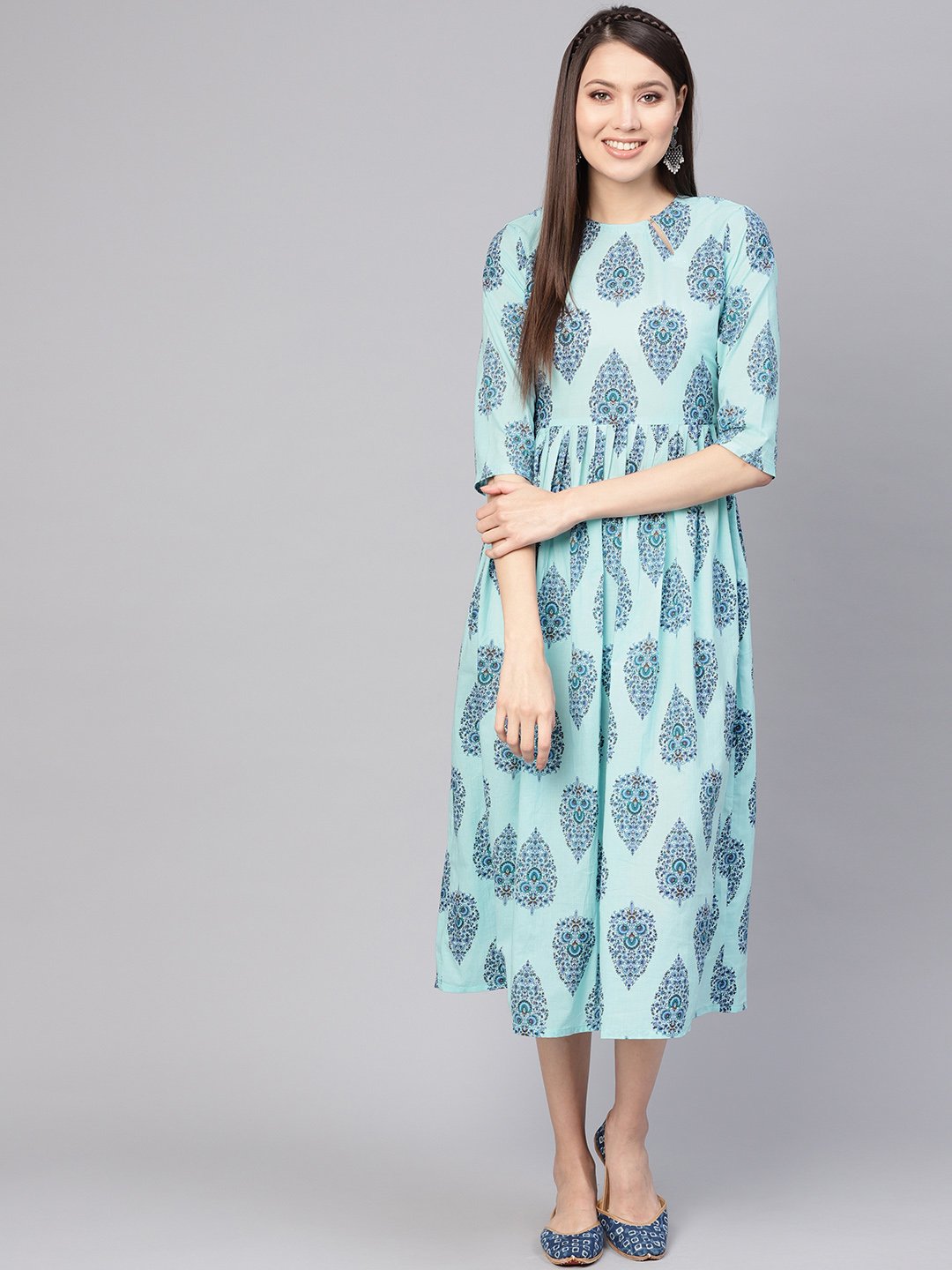 Women's Blue Printed A-Line Dress - Nayo Clothing