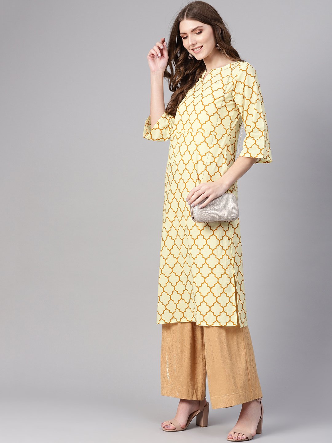 Women's Cream-Coloured & Mustard Brown Printed Straight Kurta - Nayo Clothing