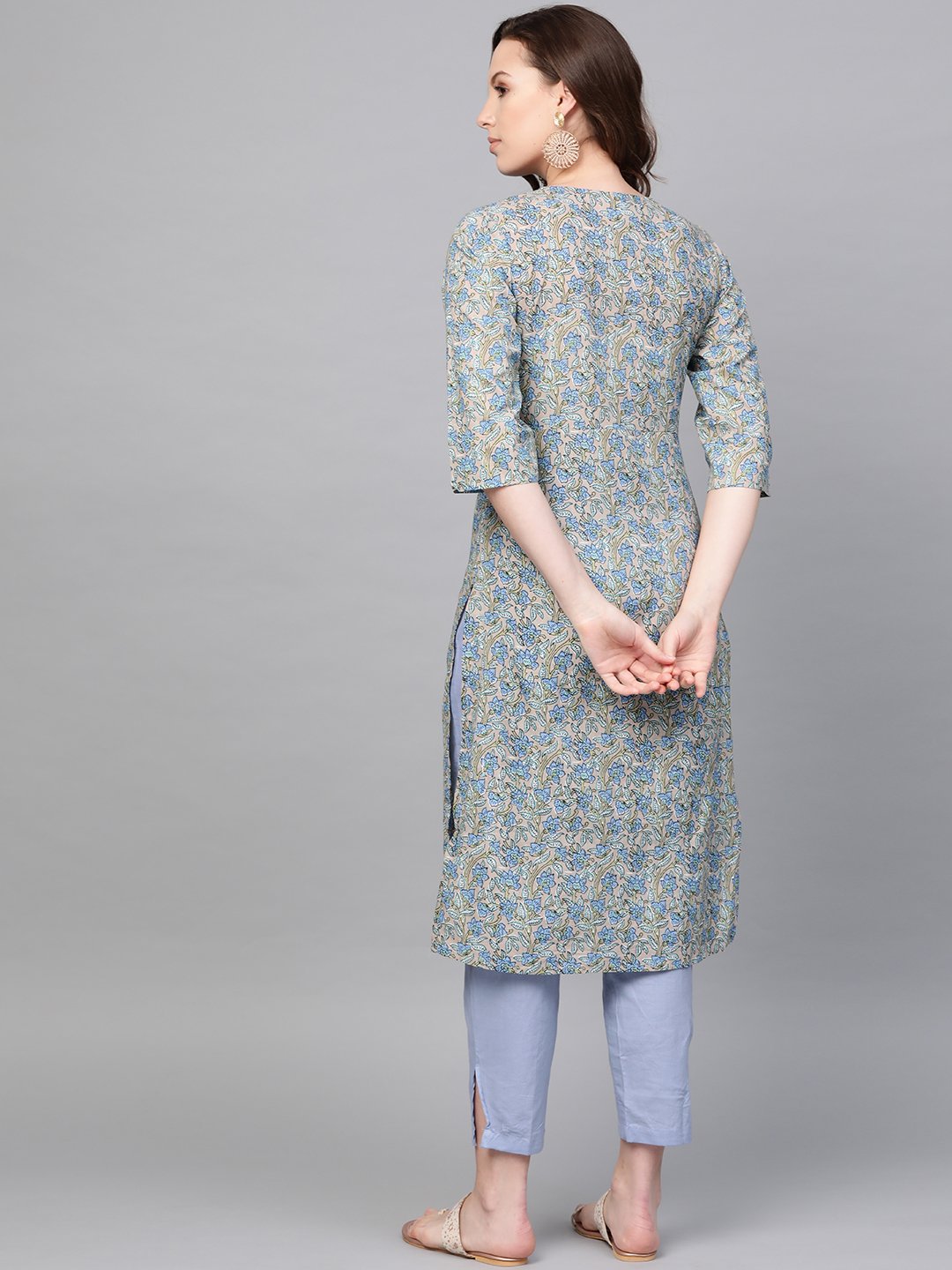 Women's Nayo Blue Three-Quarter Sleeves Printed Straight Pure Cotton Kurta With Trouser Set - Nayo Clothing