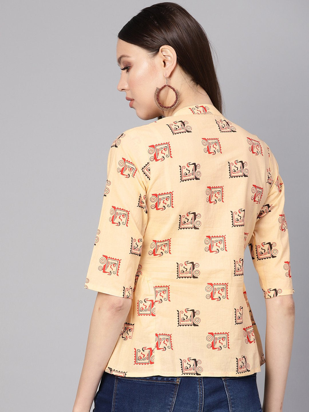 Women's Cream-Coloured & Red Printed Shirt Style Top - Nayo Clothing