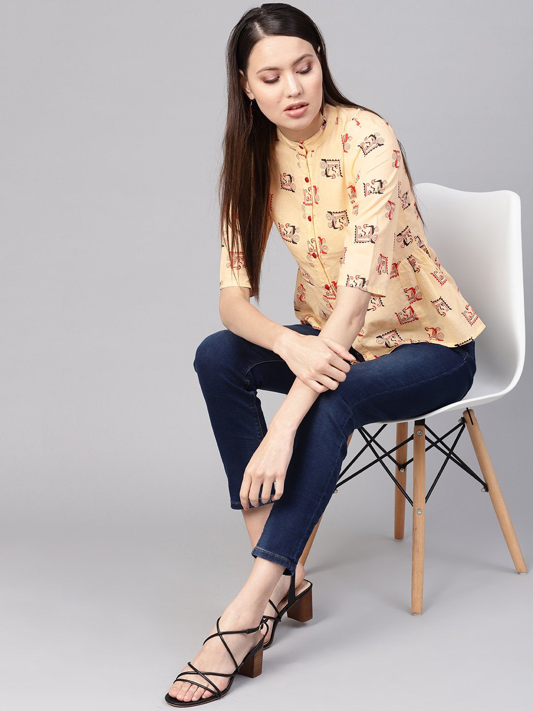 Women's Cream-Coloured & Red Printed Shirt Style Top - Nayo Clothing