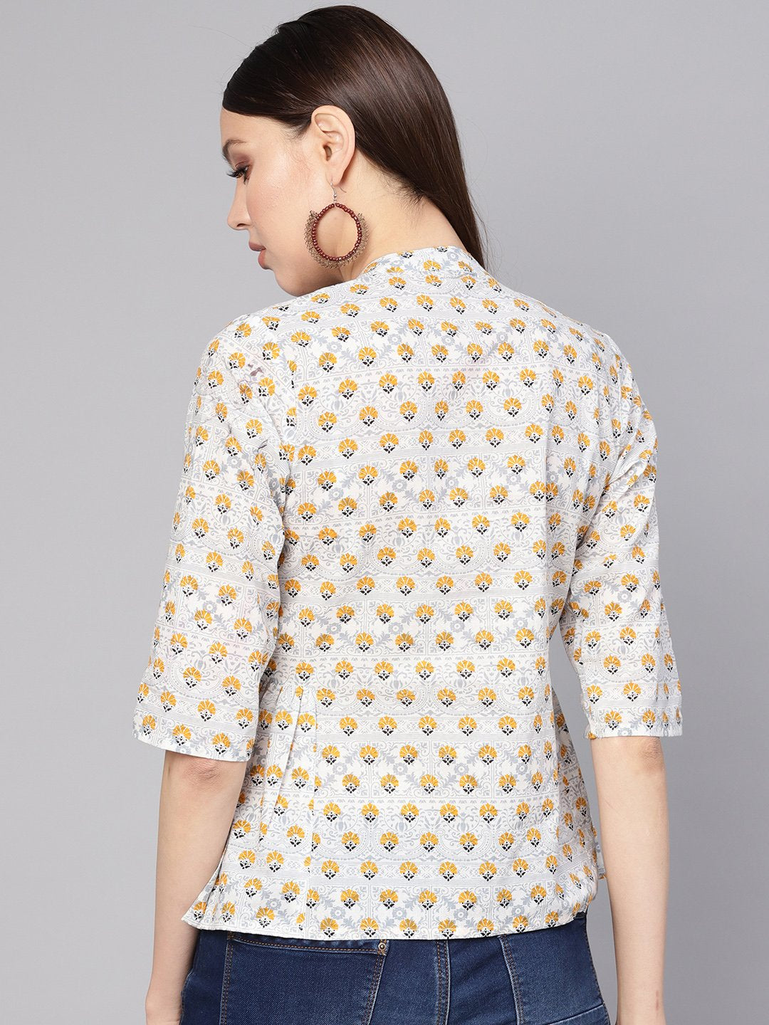 Women's Blue & Mustard Yellow Printed Shirt Style Top - Nayo Clothing