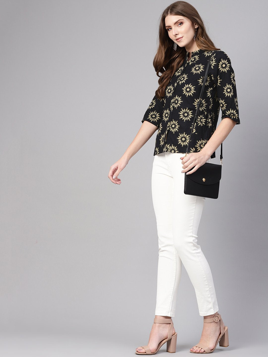 Women's Black & Cream-Coloured Printed Shirt Style Top - Nayo Clothing