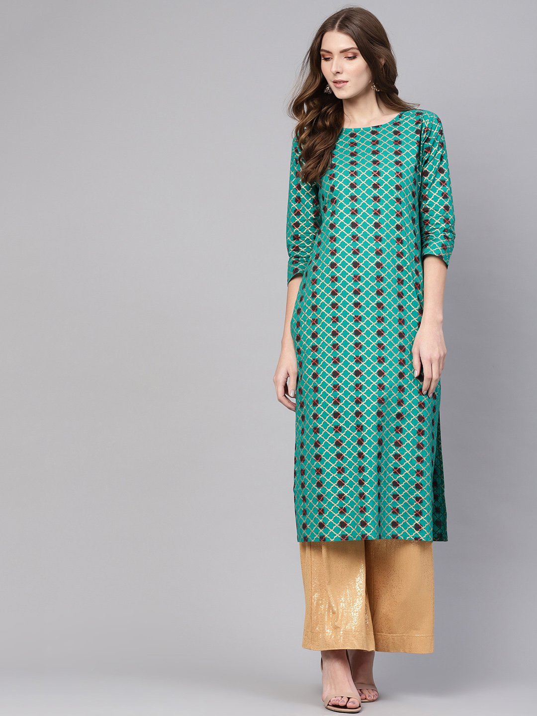 Women's Green & Brown Printed Straight Kurta - Nayo Clothing