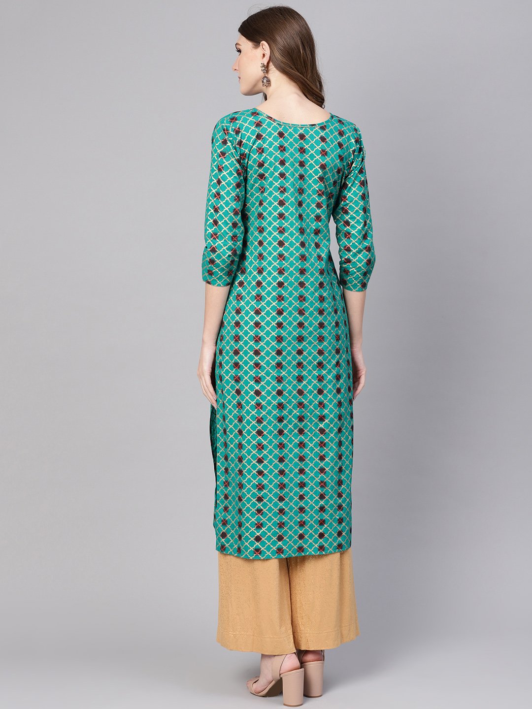 Women's Green & Brown Printed Straight Kurta - Nayo Clothing