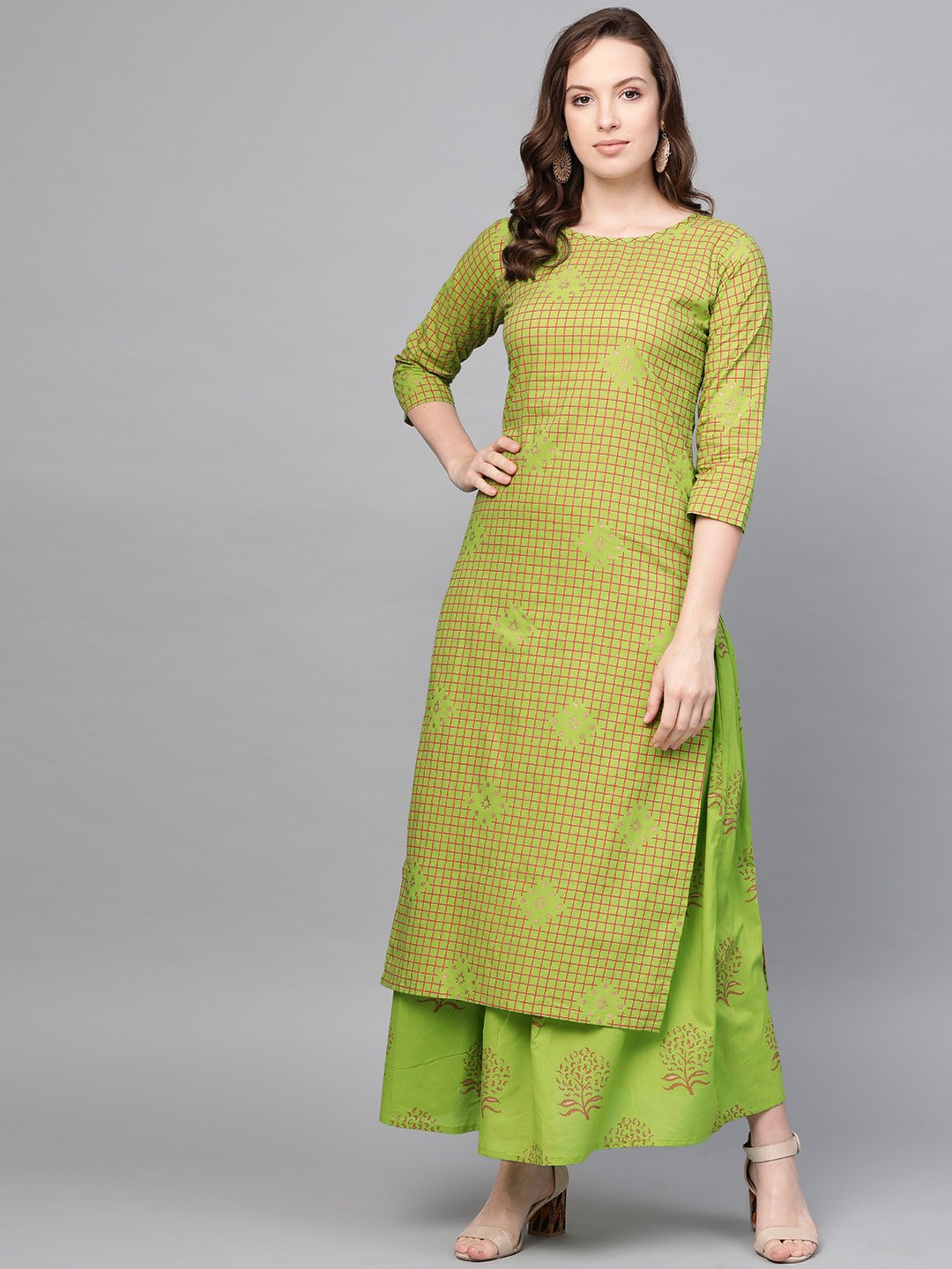 Women's Nayo Green Three-Quarter Sleeves Printed Straight Pure Cotton Kurta Skirt Set - Nayo Clothing