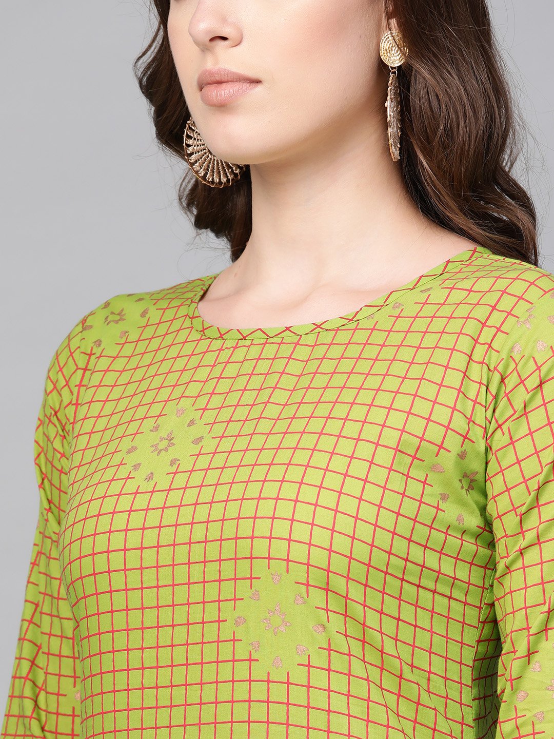 Women's Nayo Green Three-Quarter Sleeves Printed Straight Pure Cotton Kurta Skirt Set - Nayo Clothing