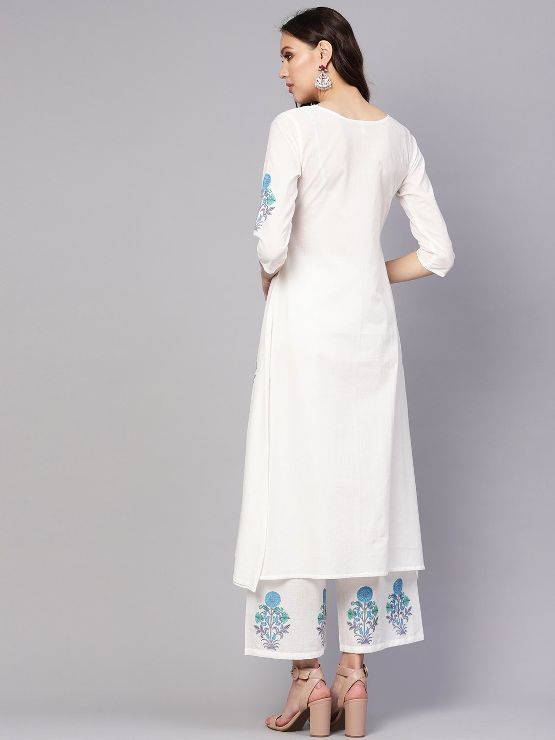 Women's White & Blue Printed Kurta With Palazzos - Nayo Clothing