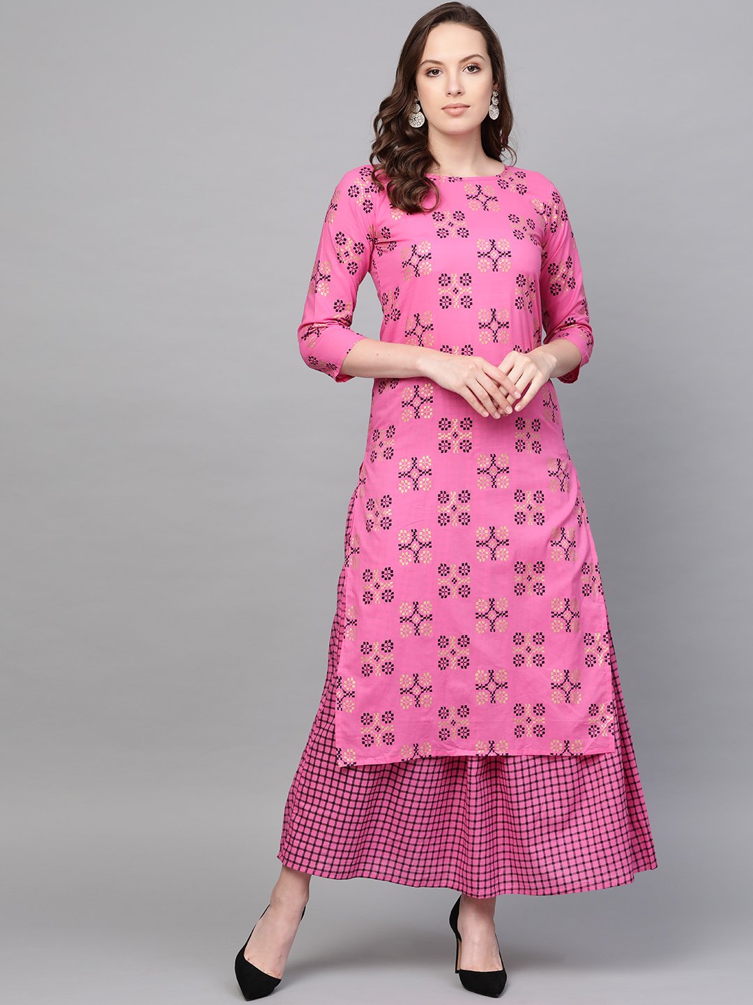 Women's Nayo Pink Three-Quarter Sleeves Printed Straight Pure Cotton Kurta And Skirt Set - Nayo Clothing