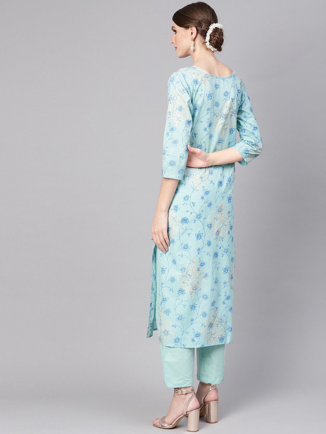 Women's Blue Printed Kurta With Trousers - Nayo Clothing