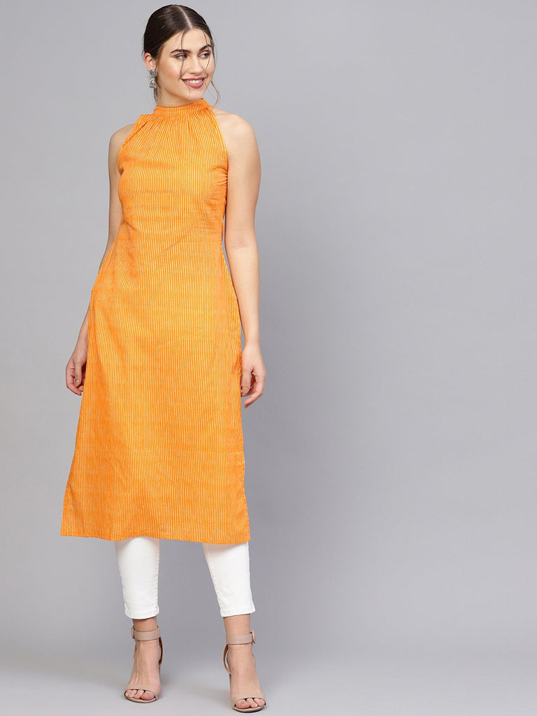 Women's Orange & Off-White Striped Straight Kurta