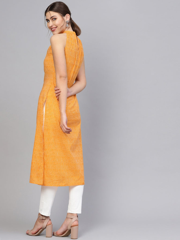 Women's Orange & Off-White Striped Straight Kurta