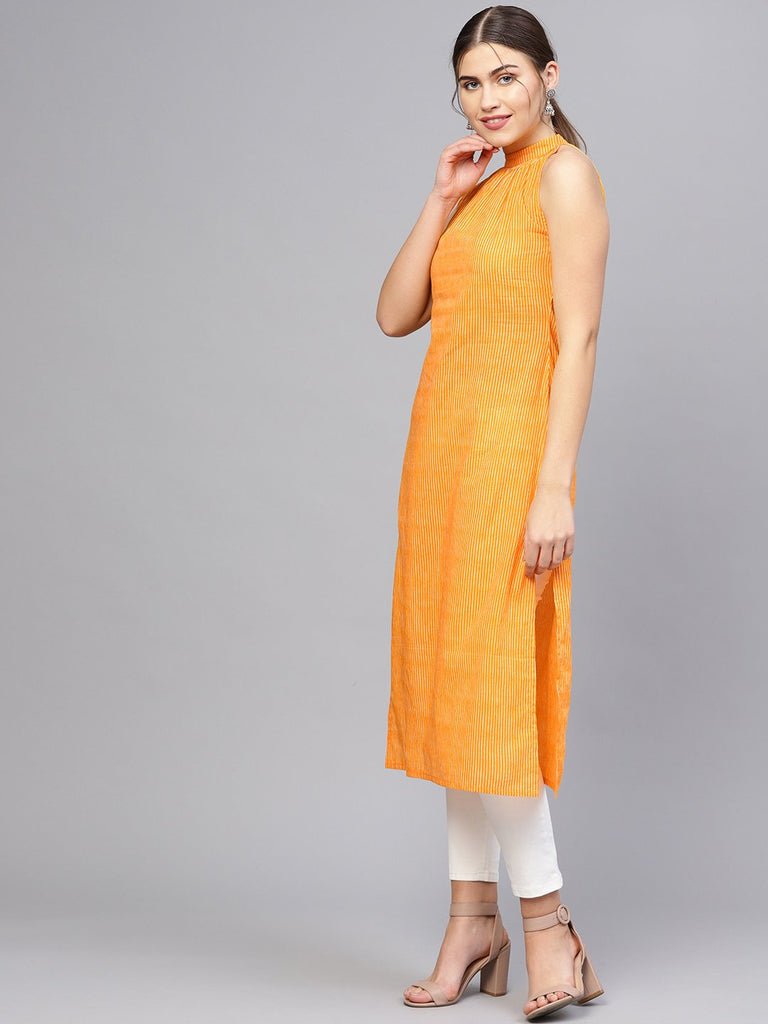 Women's Orange & Off-White Striped Straight Kurta