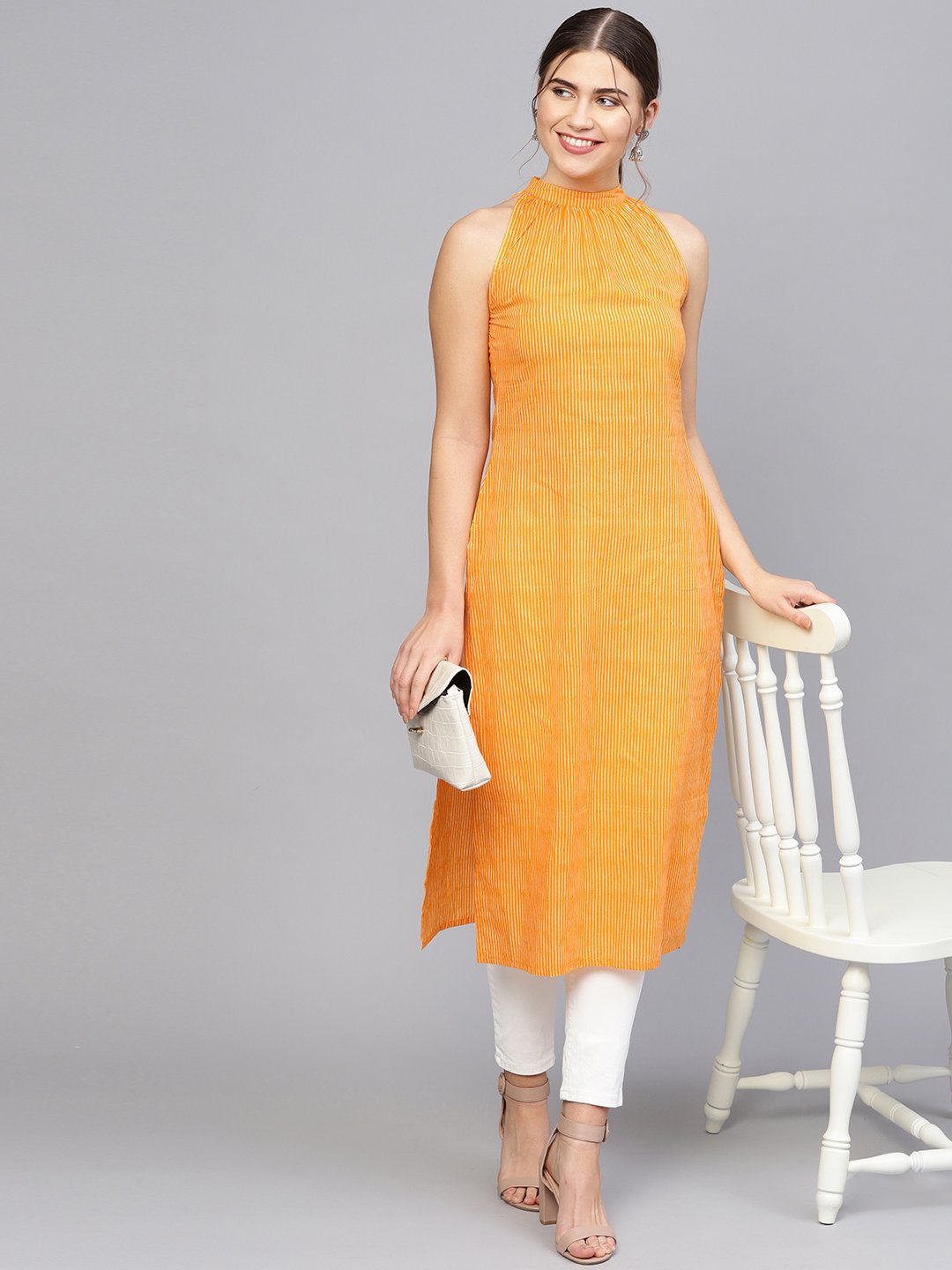 Women's Orange & Off-White Striped Straight Kurta - Nayo Clothing