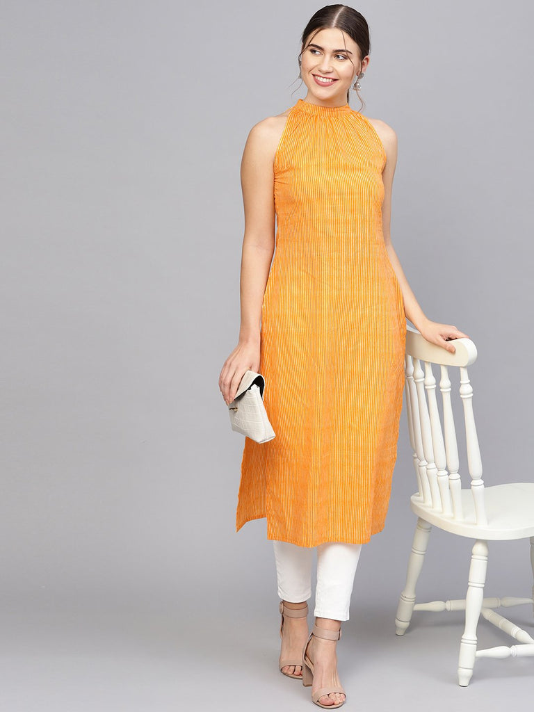 Women's Orange & Off-White Striped Straight Kurta