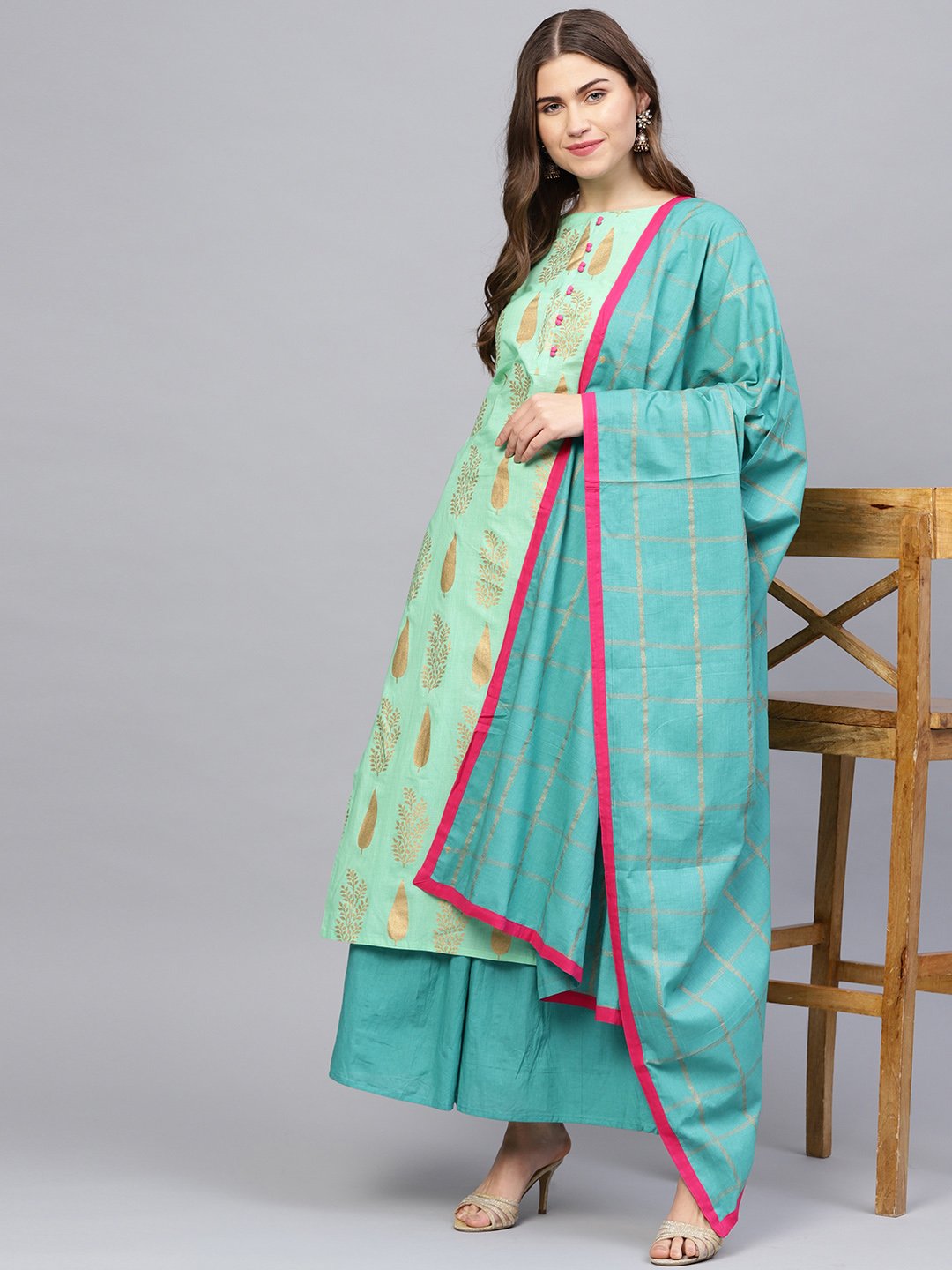 Women's Green & Blue Printed Kurta With Skirt & Dupatta - Nayo Clothing