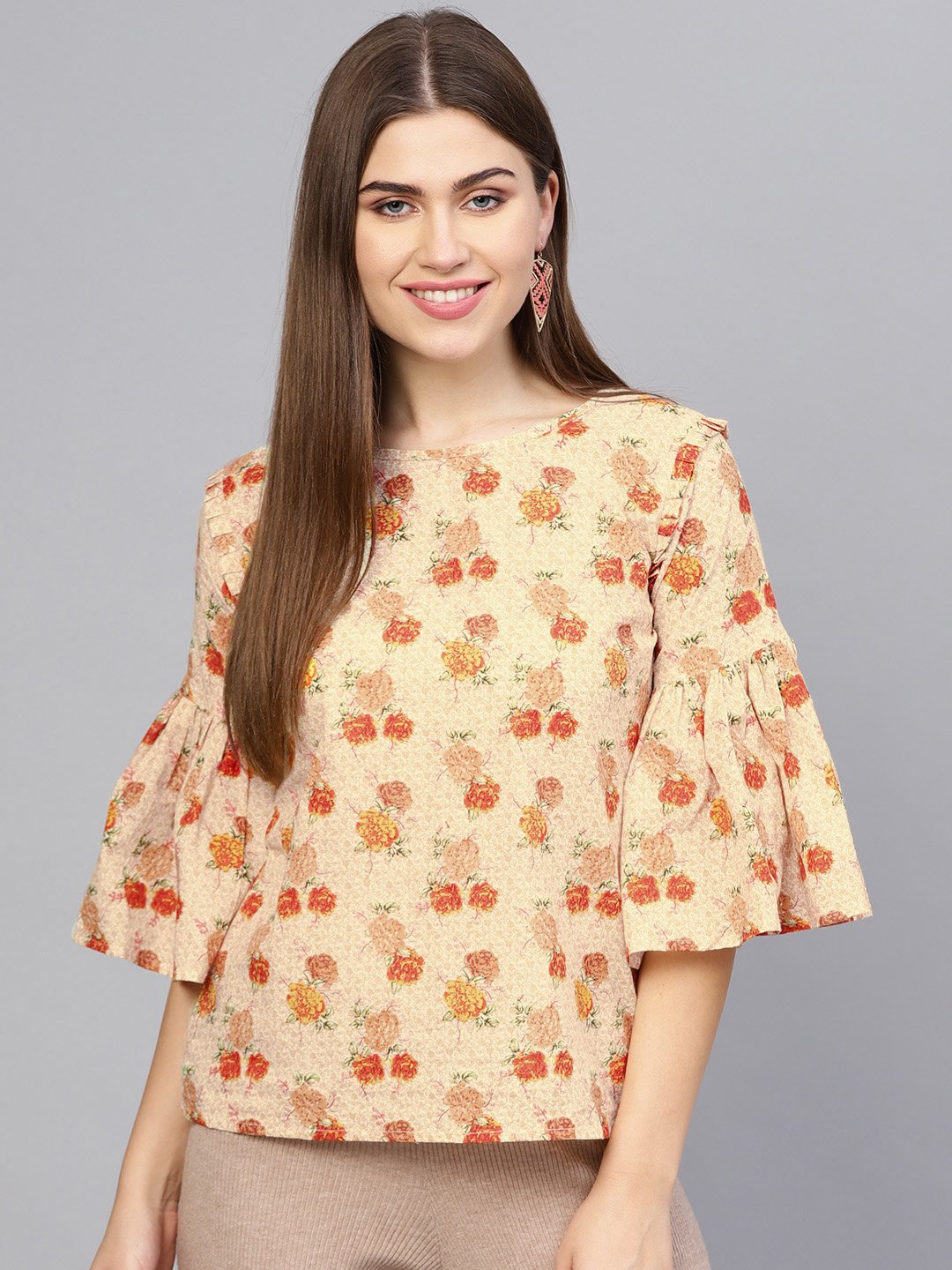 Women's Cream-Coloured & Orange Printed Top - Nayo Clothing