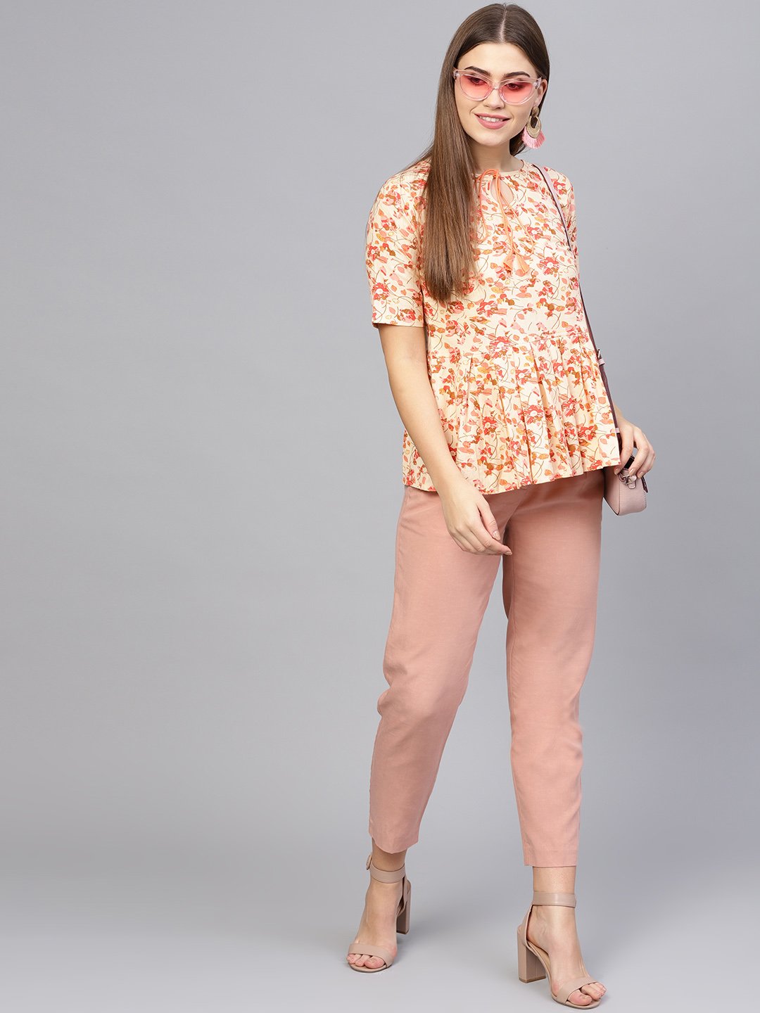 Women's Cream-Coloured & Pink Printed Peplum Top - Nayo Clothing
