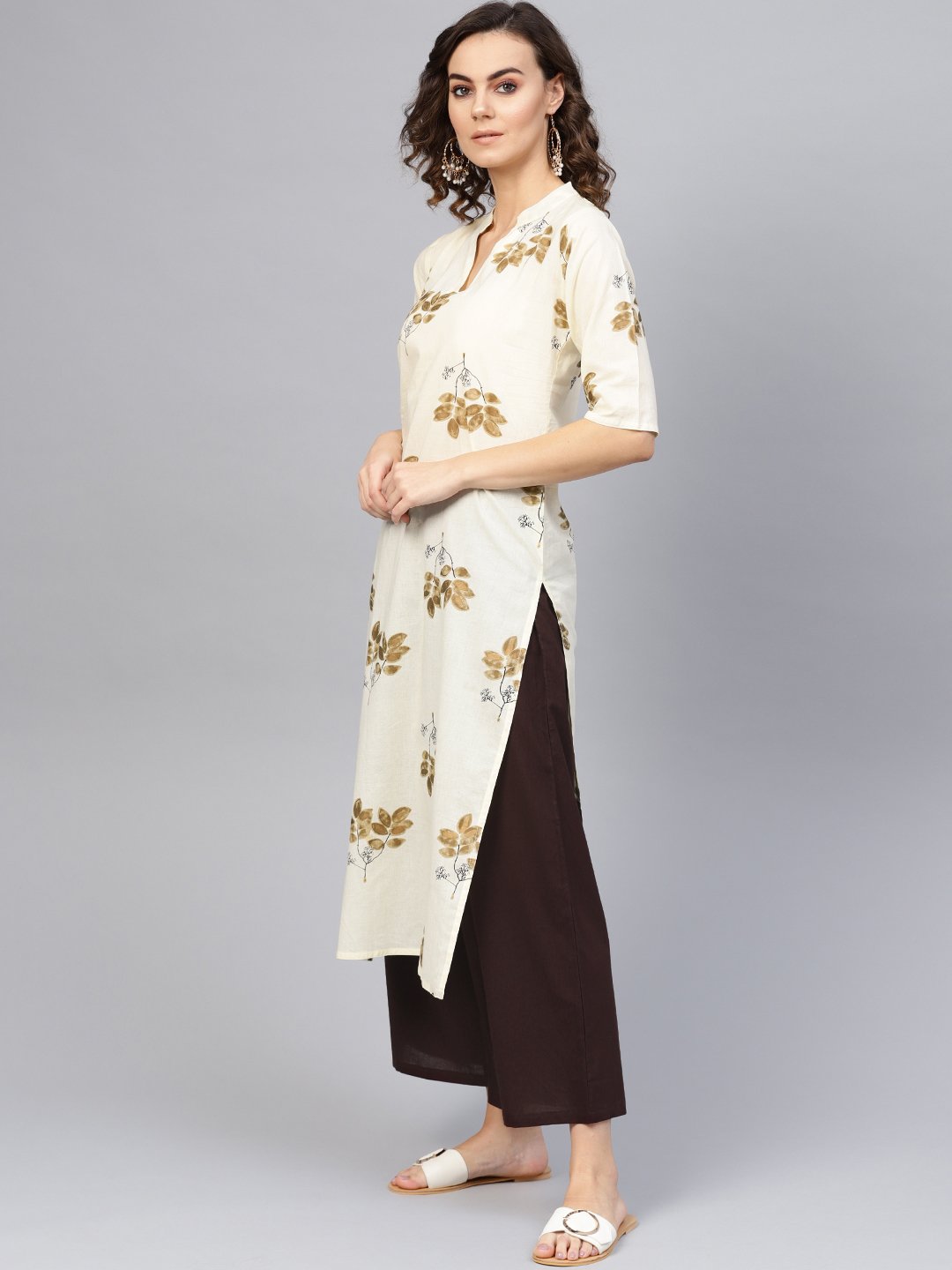 Women's Cream-Coloured & Coffee Brown Printed Kurta With Palazzos & Dupatta - Nayo Clothing