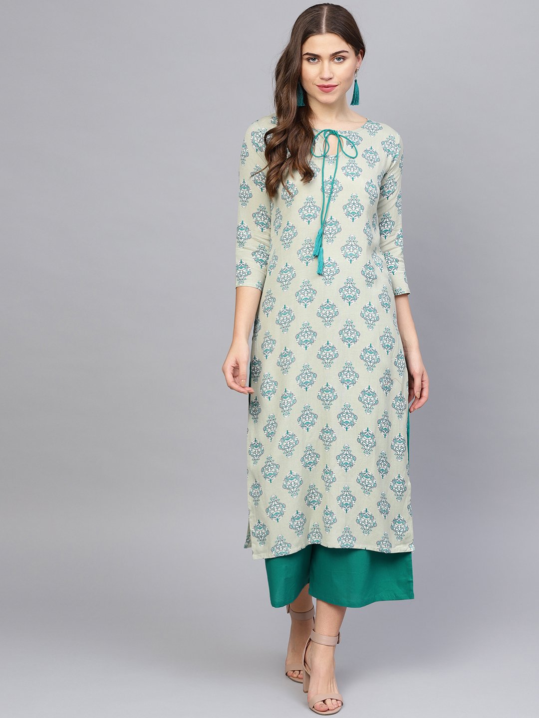 Women's Green & Grey Printed Kurta With Palazzos - Nayo Clothing