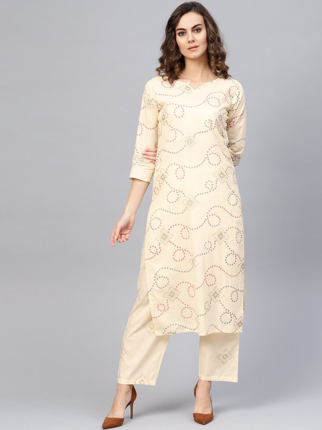 Women's Cream-Coloured & Red Printed Kurta With Trousers - Nayo Clothing
