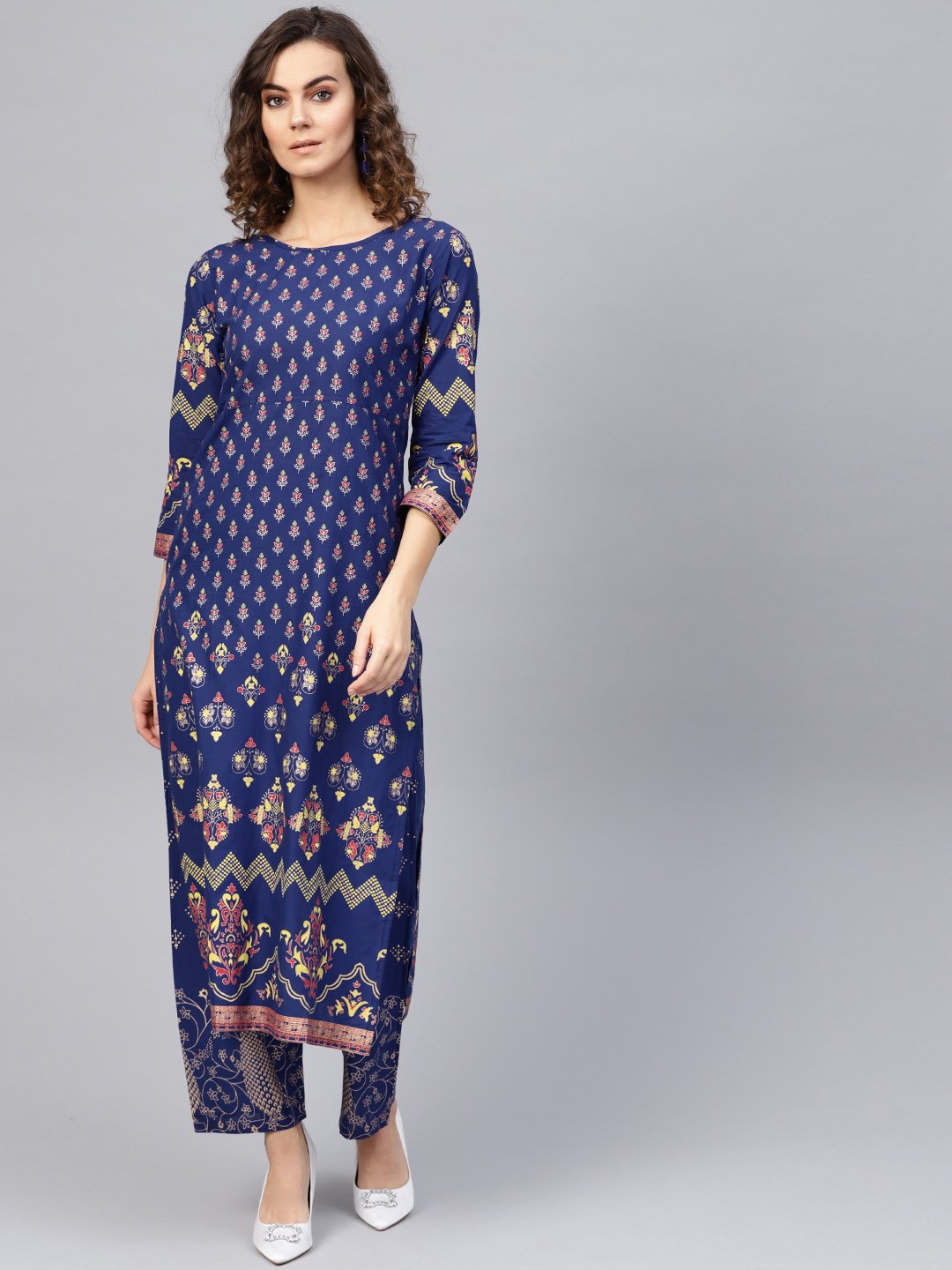 Women's Blue & Golden Printed Kurta With Trousers - Nayo Clothing