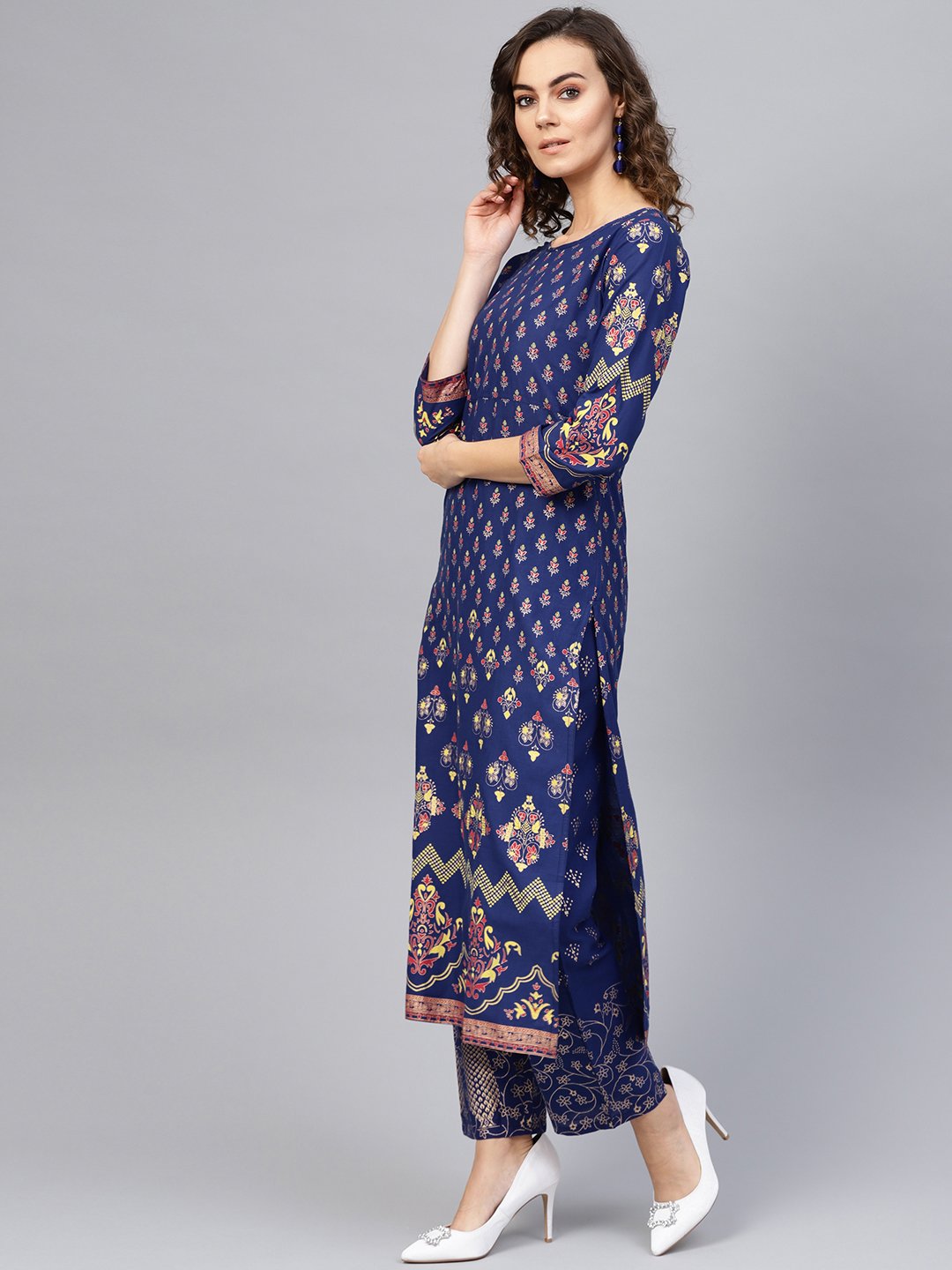 Women's Blue & Golden Printed Kurta With Trousers - Nayo Clothing