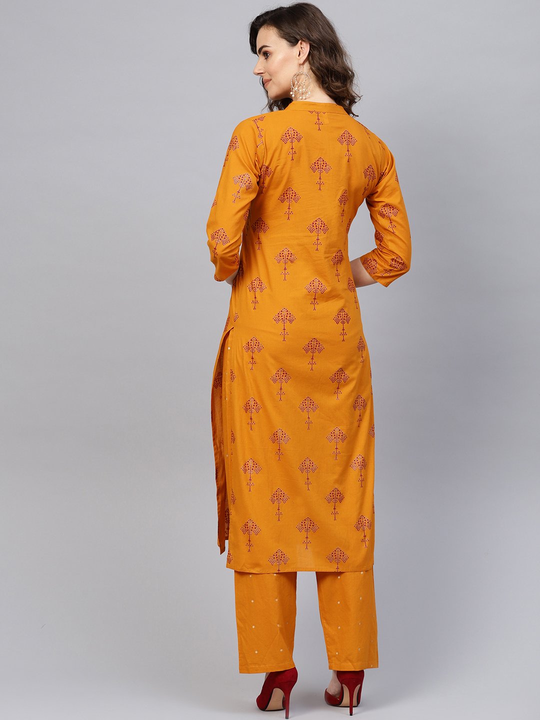 Women's Mustard Yellow & Red Printed Kurta With Trousers - Nayo Clothing