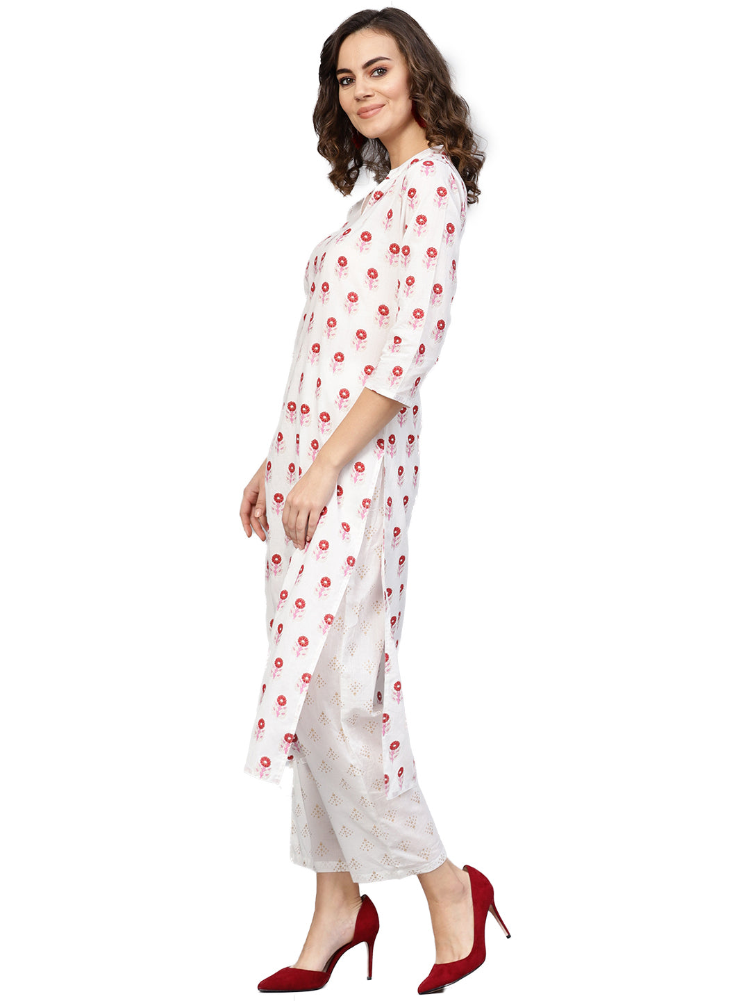 Women's White & Red Printed Kurta With Trousers - Nayo Clothing