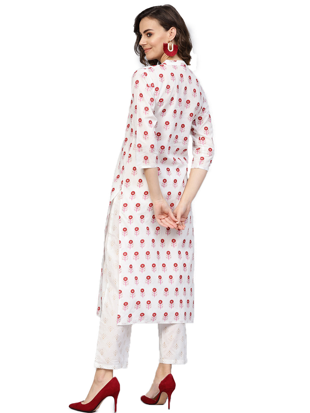 Women's White & Red Printed Kurta With Trousers - Nayo Clothing