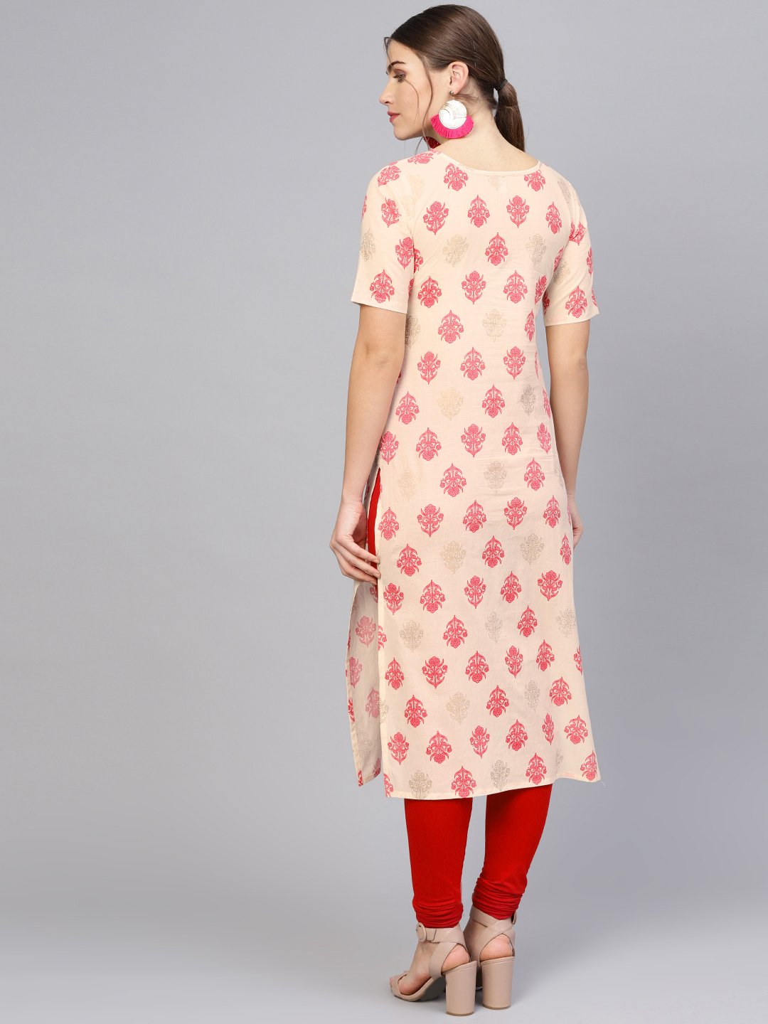 Women's Cream-Coloured & Pink Printed Straight Kurta - Nayo Clothing