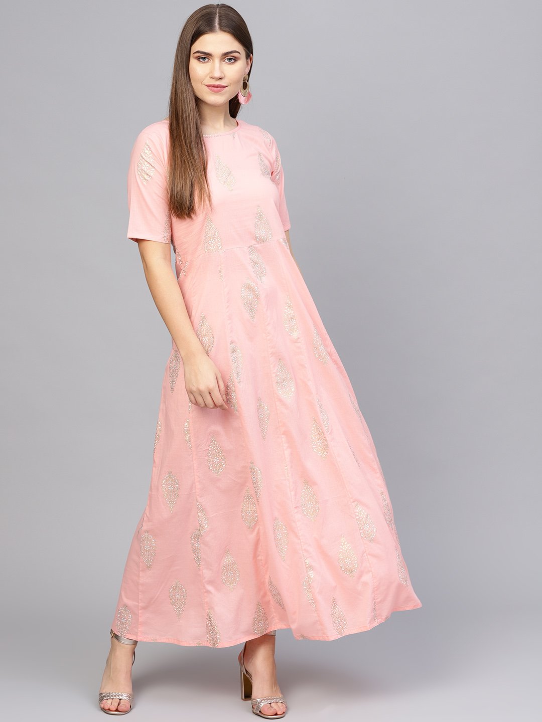 Women's Pink & Golden Printed Maxi Dress - Nayo Clothing