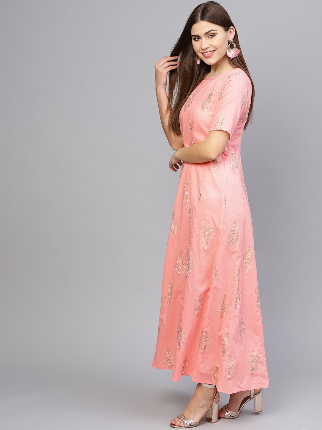 Women's Pink & Golden Printed Maxi Dress - Nayo Clothing