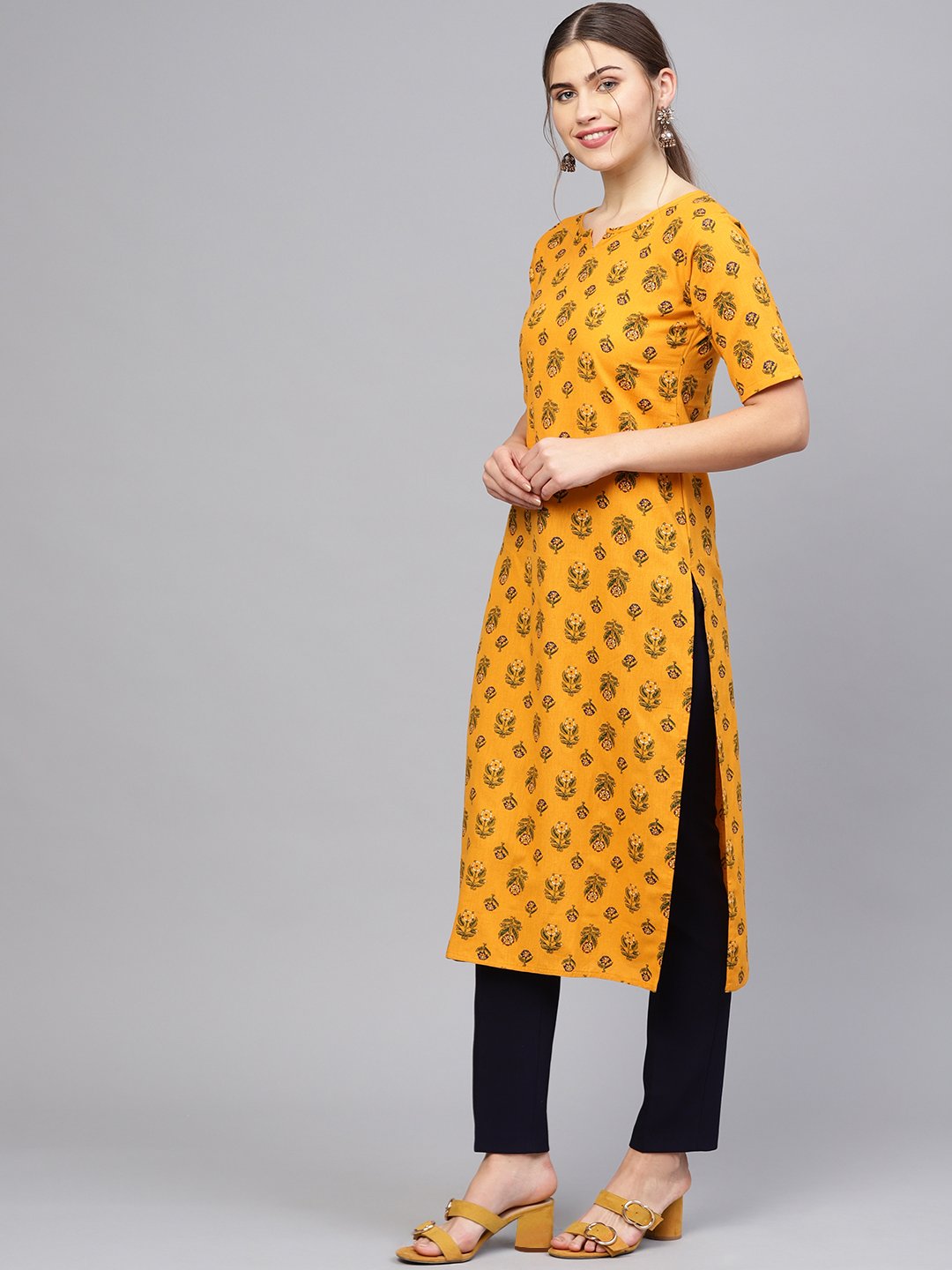 Women's Mustard Yellow & Green Printed Straight Kurta - Nayo Clothing
