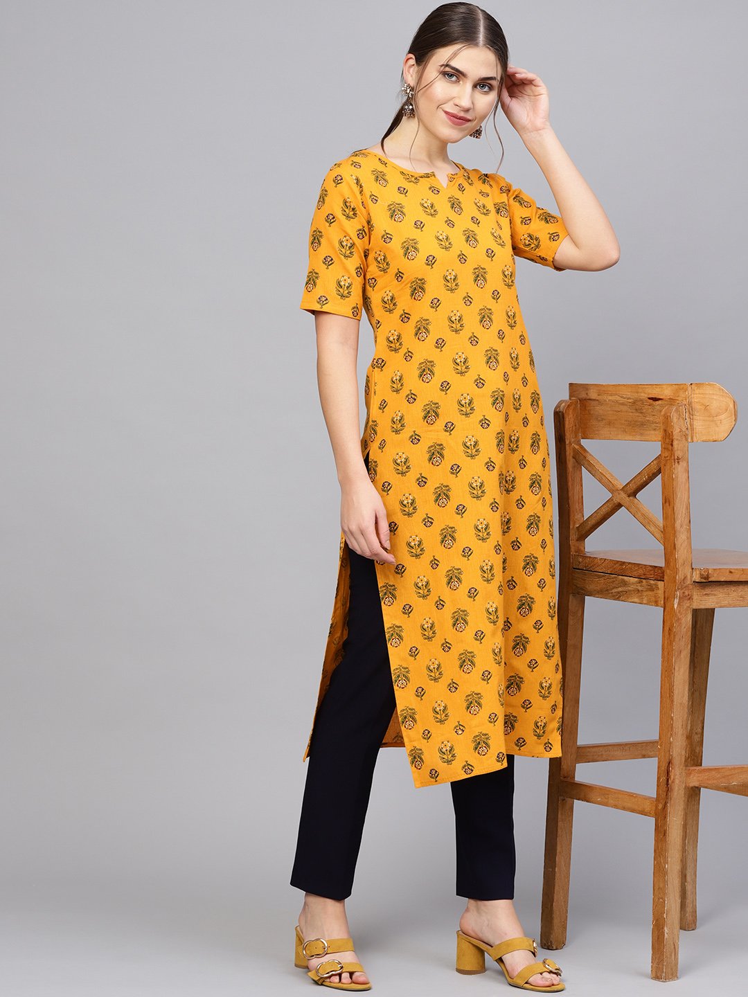 Women's Mustard Yellow & Green Printed Straight Kurta - Nayo Clothing