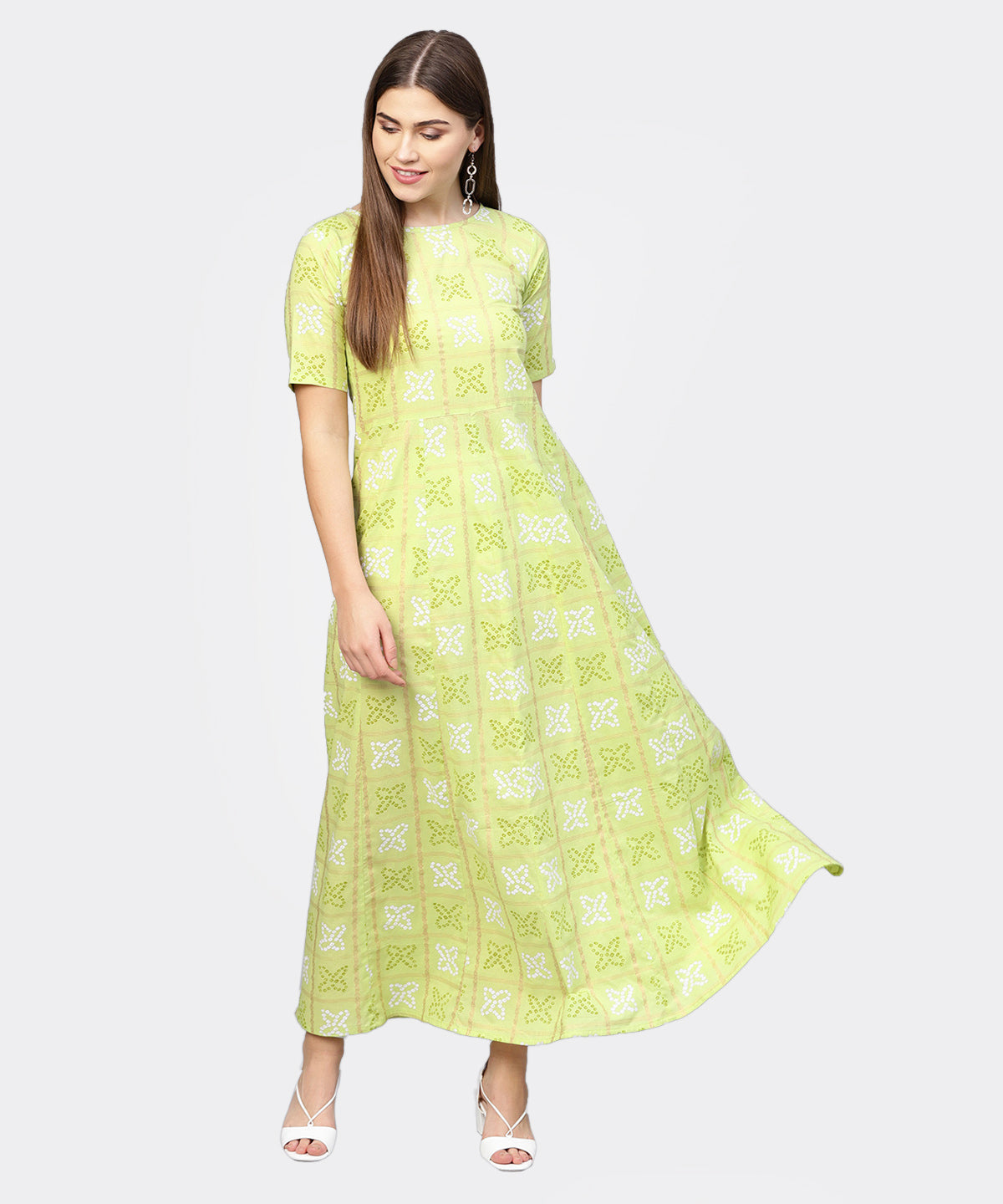 Women's Green & Off-White Bandhani Printed Maxi Dress - Nayo Clothing