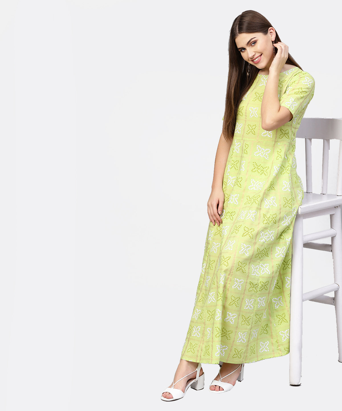 Women's Green & Off-White Bandhani Printed Maxi Dress - Nayo Clothing