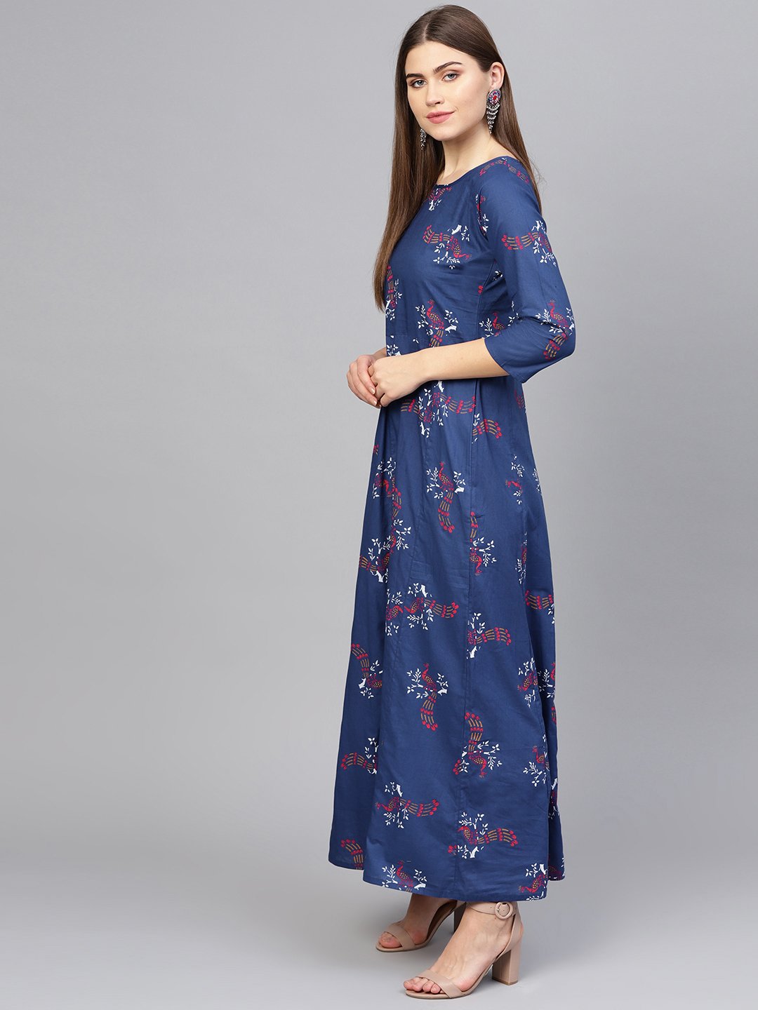 Women's Navy Blue & Pink Printed Maxi Dress - Nayo Clothing