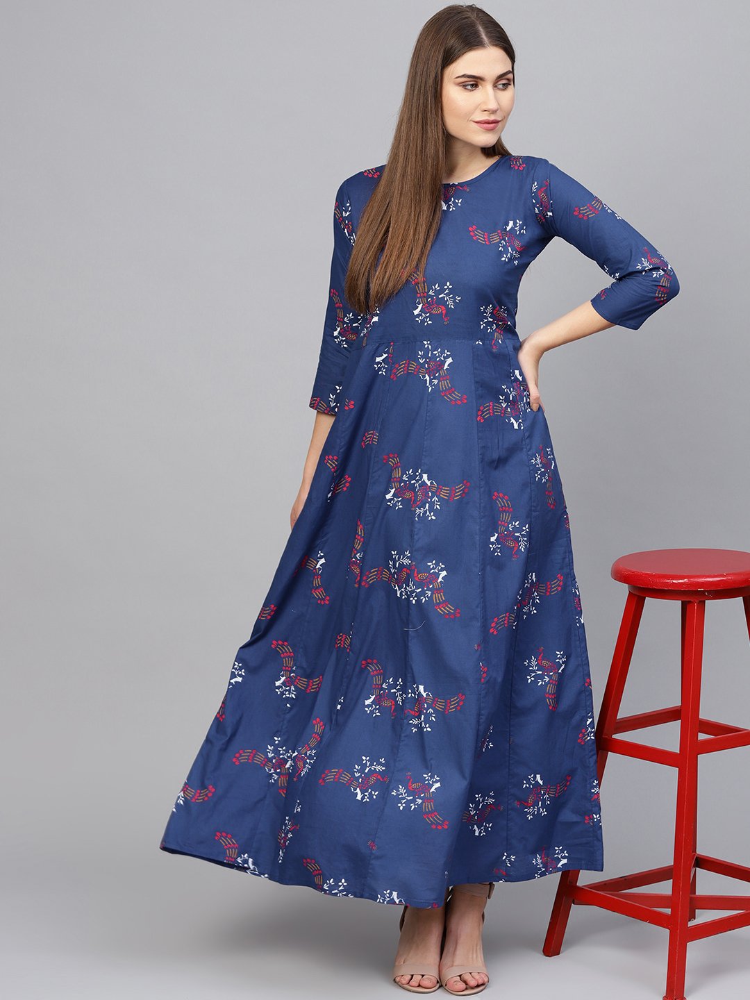 Women's Navy Blue & Pink Printed Maxi Dress - Nayo Clothing