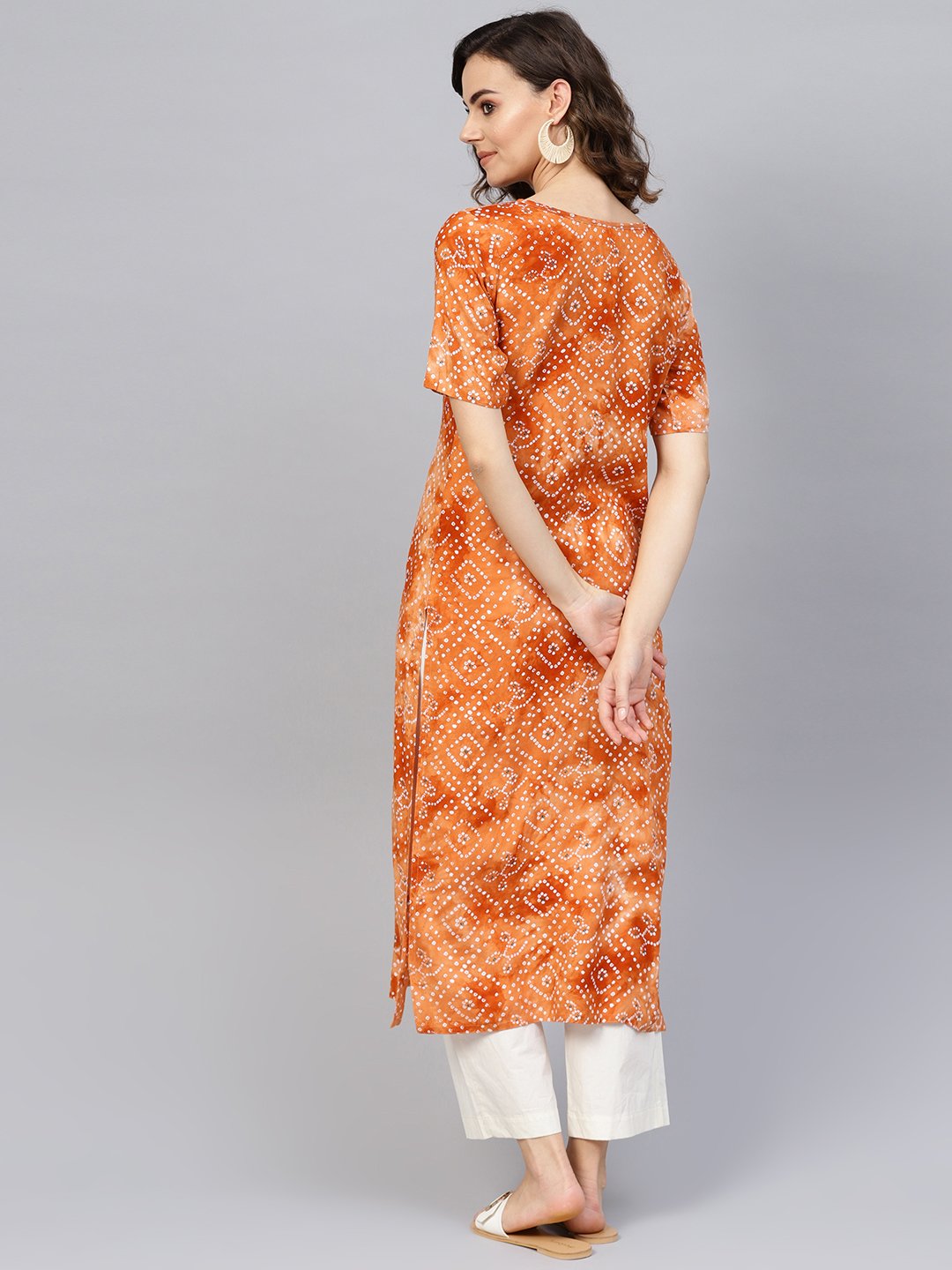 Women's Rust Orange & White Bandhani Printed Straight Kurta - Nayo Clothing