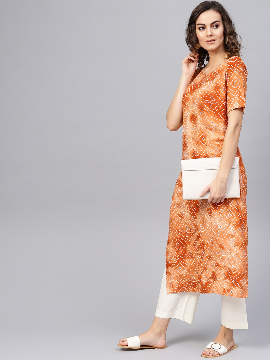 Women's Rust Orange & White Bandhani Printed Straight Kurta - Nayo Clothing