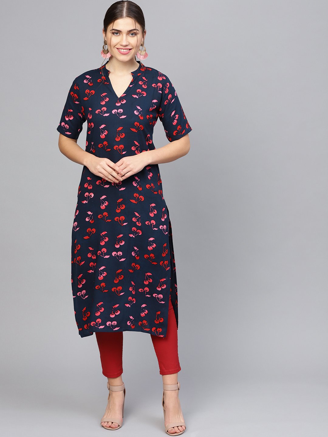 Women's Navy Blue & Pink Printed Straight Kurta - Nayo Clothing