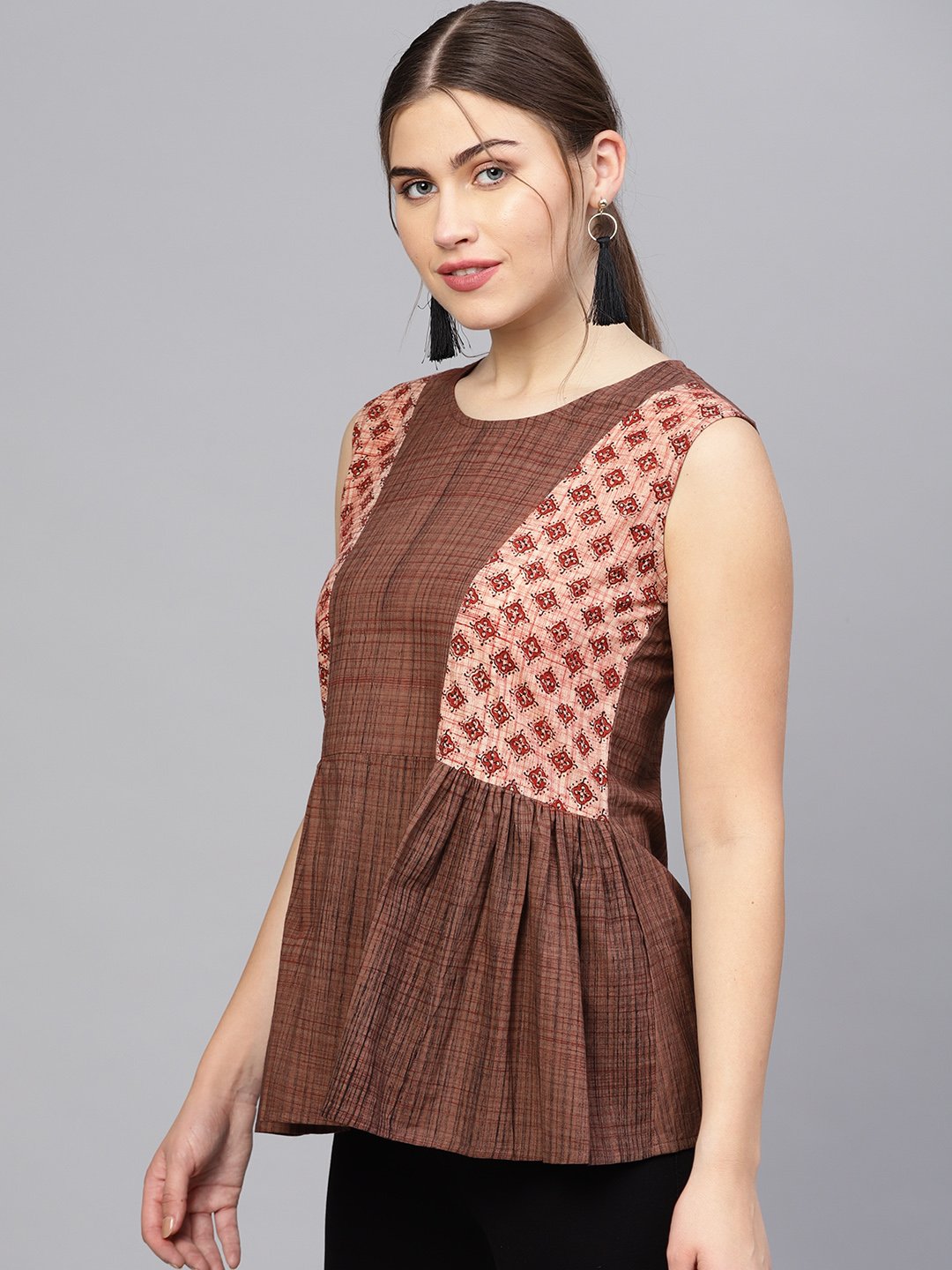 Women's Brown Printed A-Line Top - Nayo Clothing