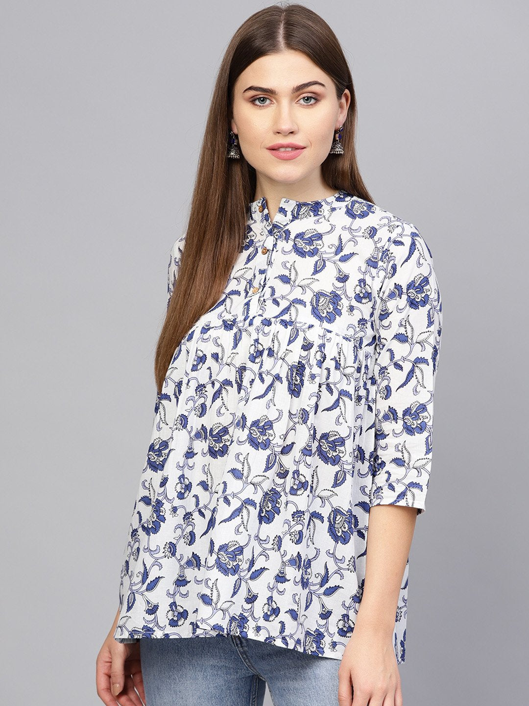 Women's Off-White & Blue Printed A-Line Tunic - Nayo Clothing