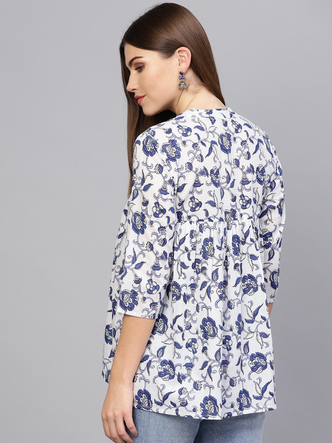Women's Off-White & Blue Printed A-Line Tunic - Nayo Clothing